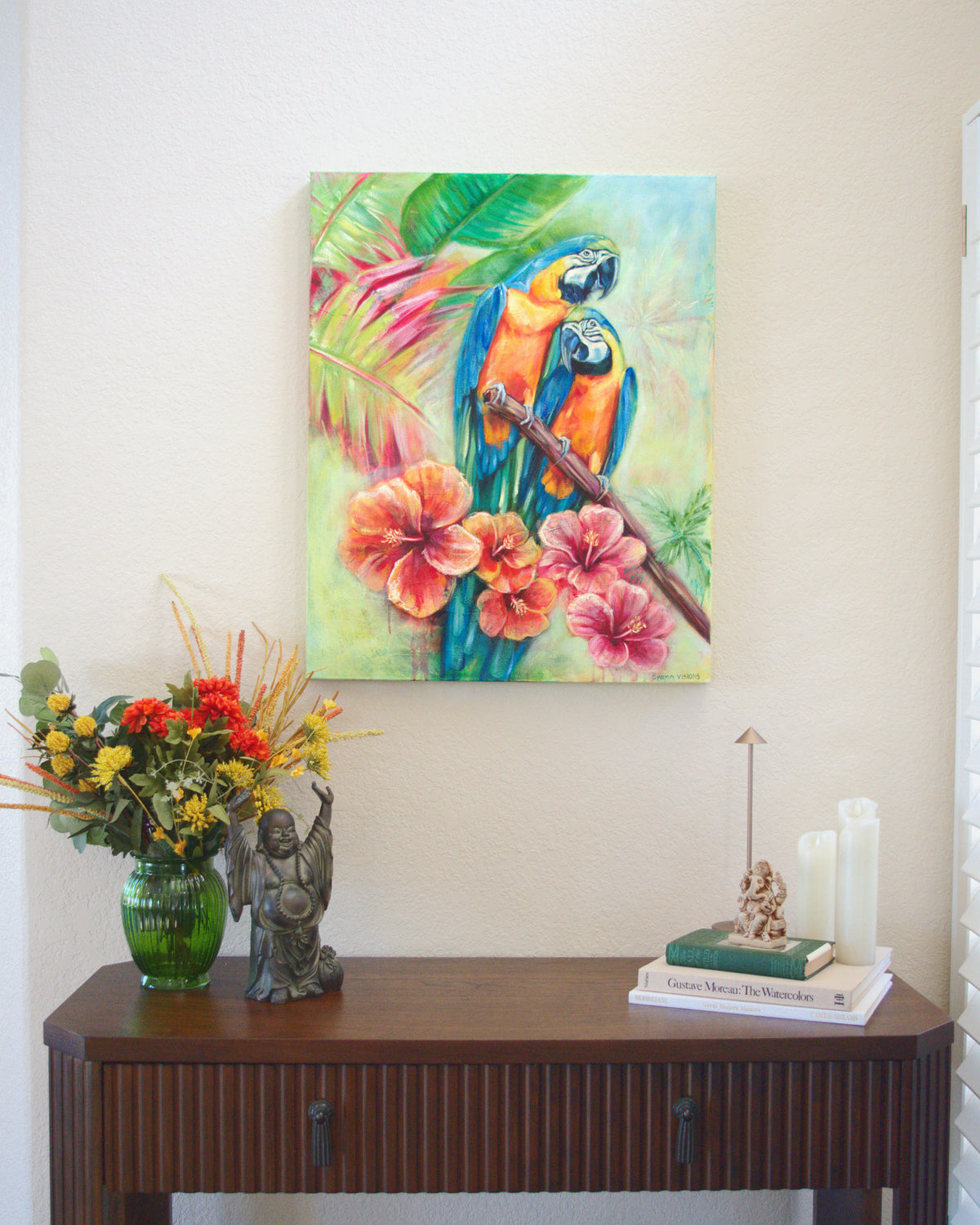 Lovers Embrace by Carma Visions, styled above a console table
