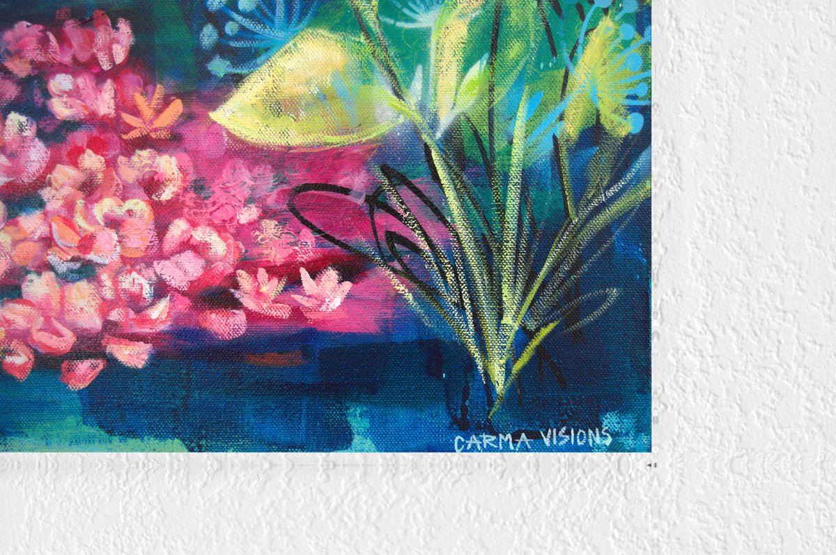 The Sacred Watcher by Carma Visions, corner detail with the artist signature