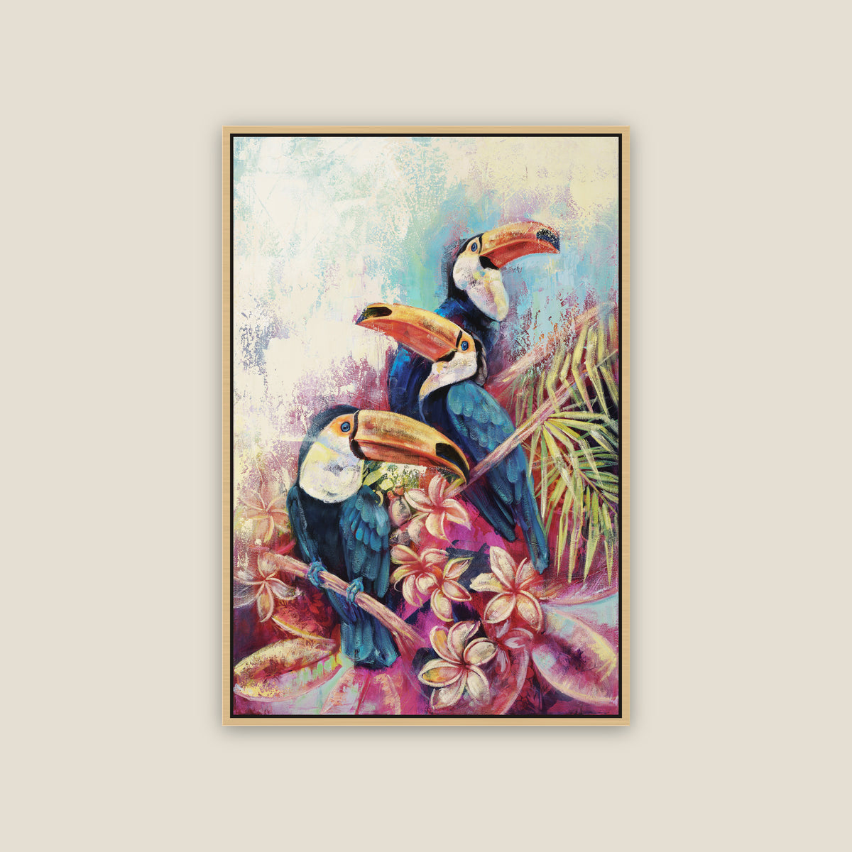 Tropical Trio limited edition canvas by Carma Visions, in a natural maple floating frame