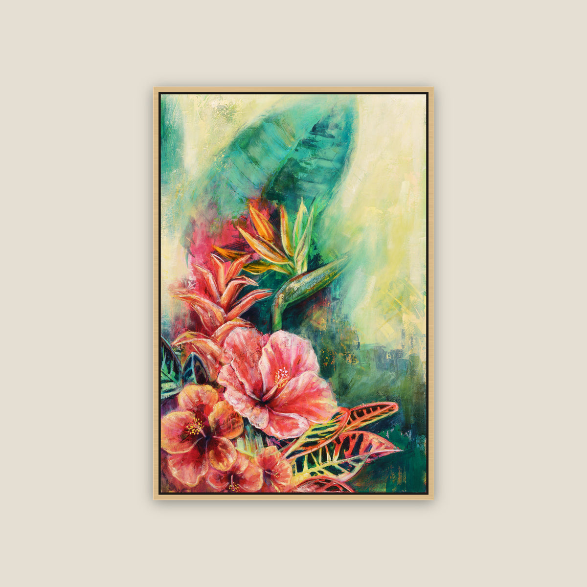 Belizean Bloom limited edition canvas by Carma Visions, in a natural maple floating frame