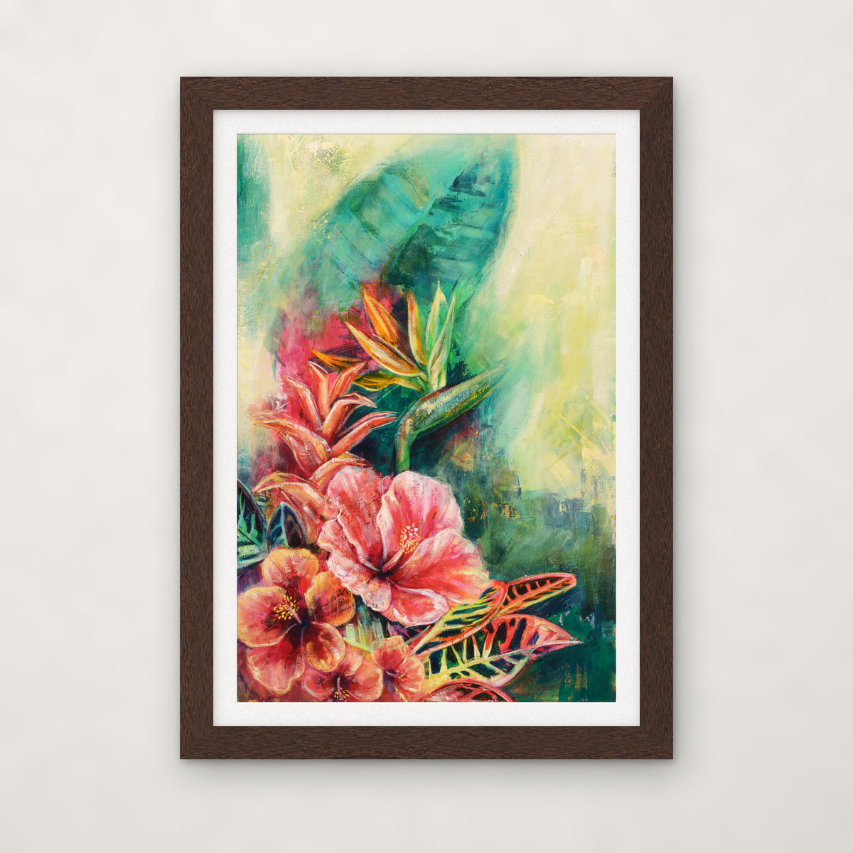 Belizean Bloom open edition print by Carma Visions, in an espresso frame with a white mat