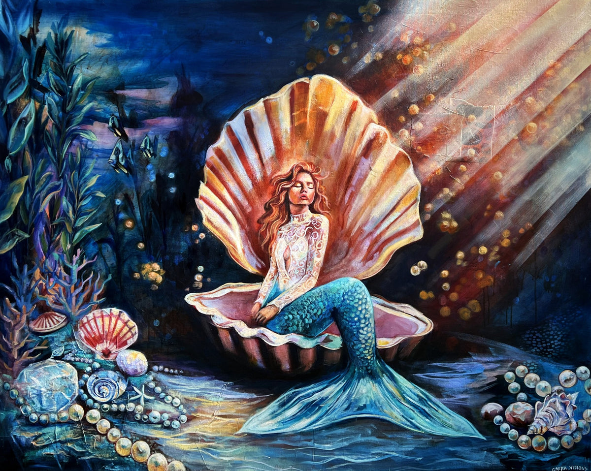 The Treasure Within by Carma Visions, original mixed media oil painting of a mermaid in a scallop shell