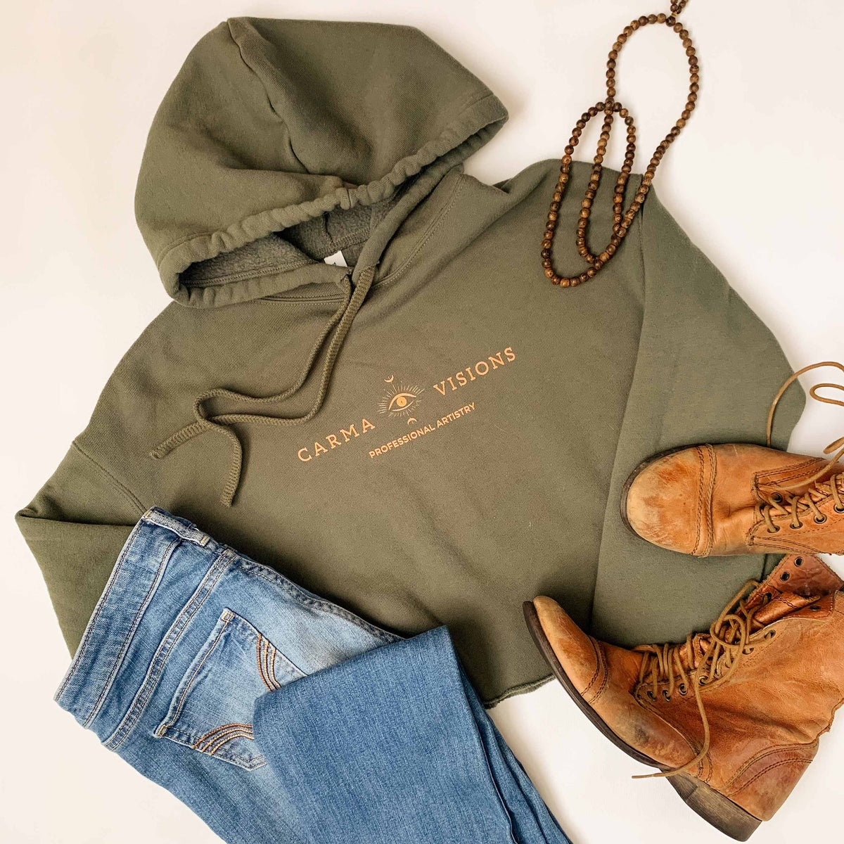 Carma Visions crop hoodie in military green styled with jeans and boots