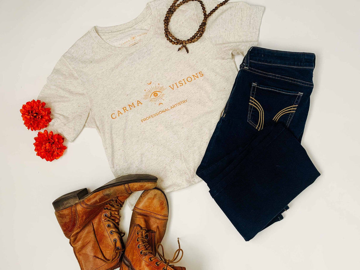 Carma Visions t-shirt in oatmeal triblend styled with jeans and boots