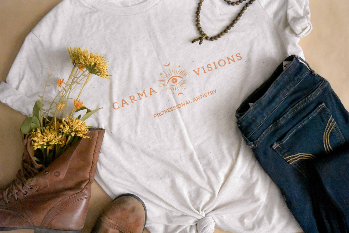 Carma Visions t-shirt in oatmeal triblend, styled flat lay