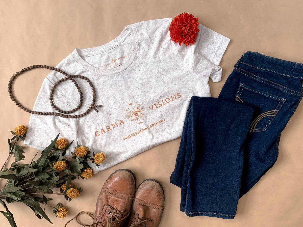 Carma Visions t-shirt in white triblend styled with jeans