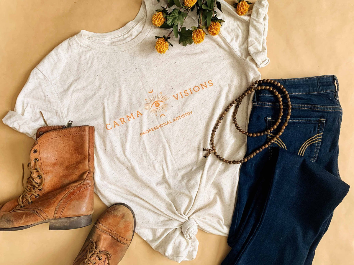 Carma Visions t-shirt in white triblend, knotted and styled with boots