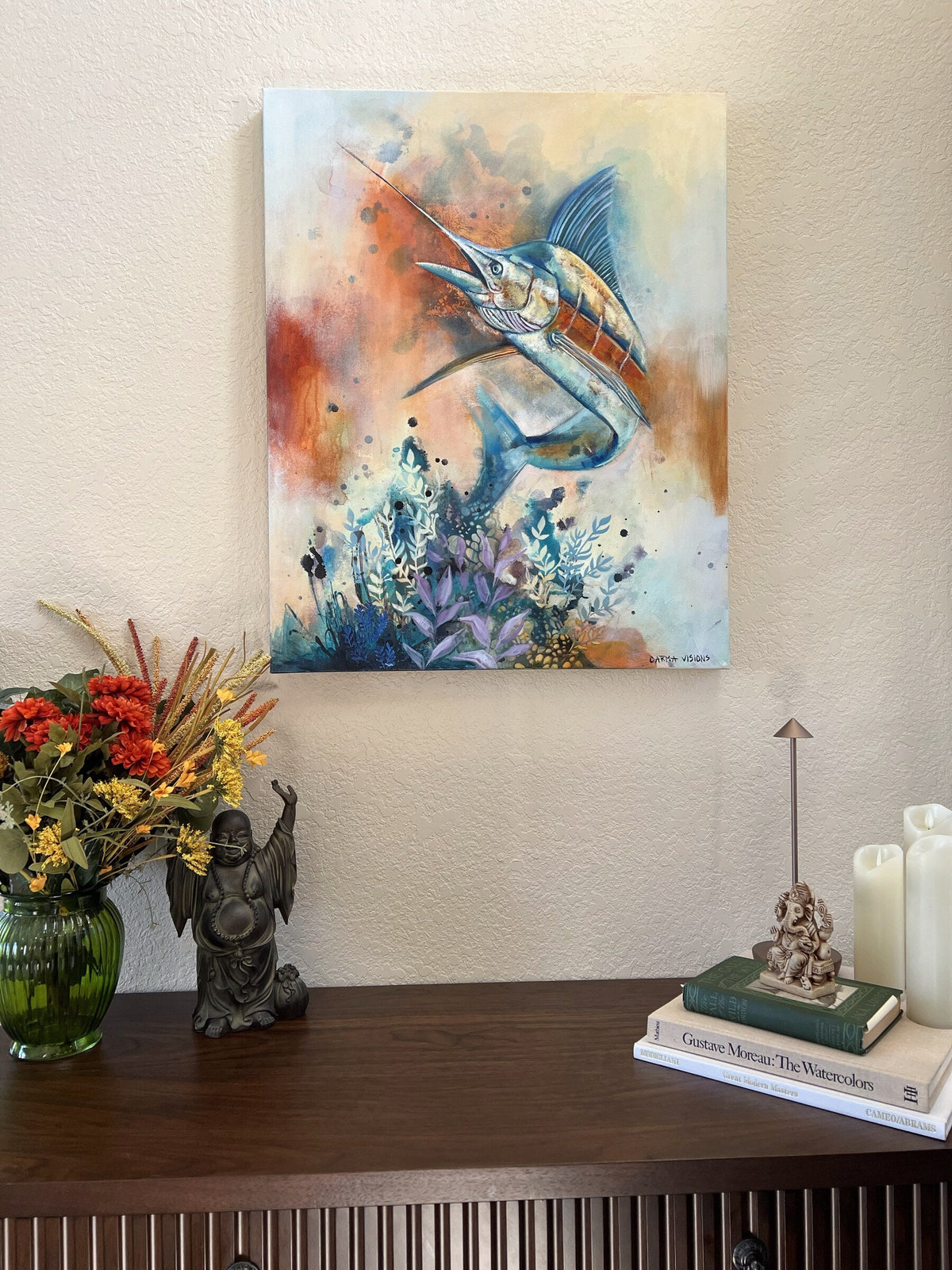 Chasing the Horizon, original oil painting by Carma Visions, styled on a console