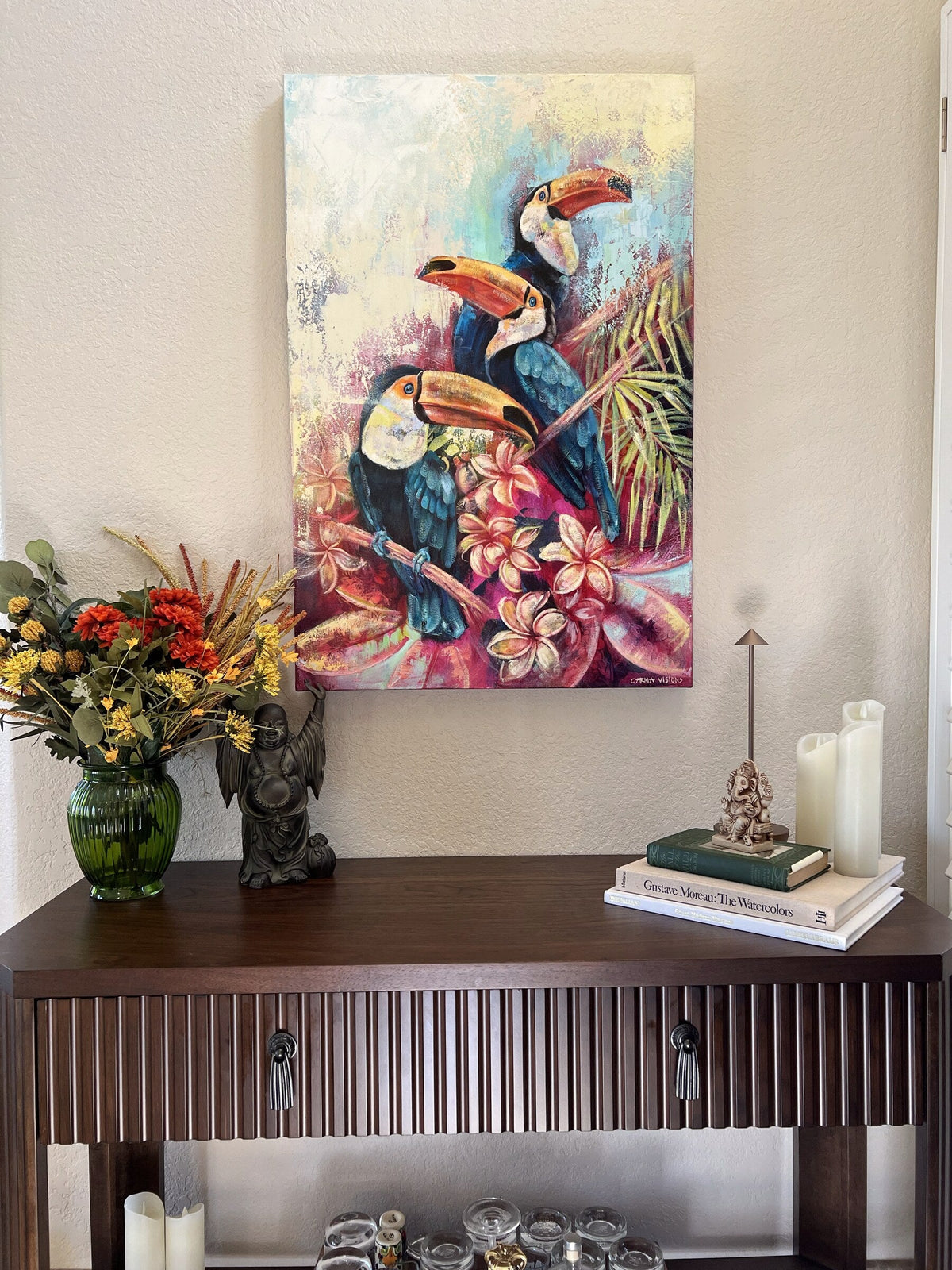 Tropical Trio, original oil painting by Carma Visions, styled on a console