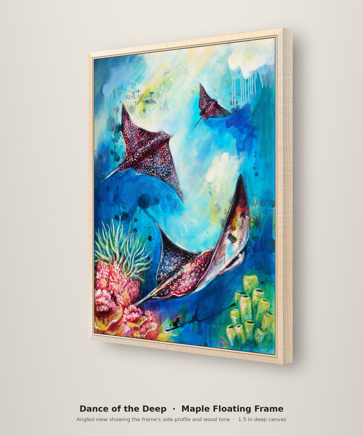Dance of the Deep Limited Edition in a maple floating frame, angled view showing the frame depth