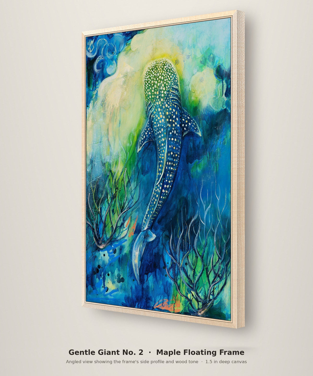 Gentle Giant No. 2 Limited Edition in a maple floating frame, angled view showing the frame depth