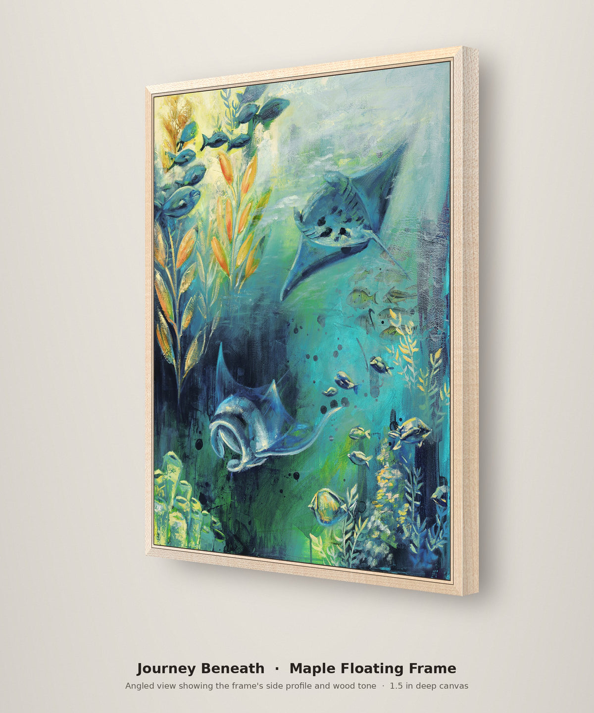 Journey Beneath Limited Edition in a maple floating frame, angled view showing the frame depth