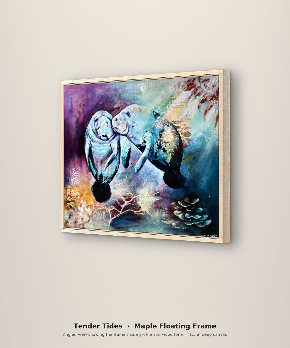 Tender Tides Limited Edition in a maple floating frame, angled view showing the frame depth