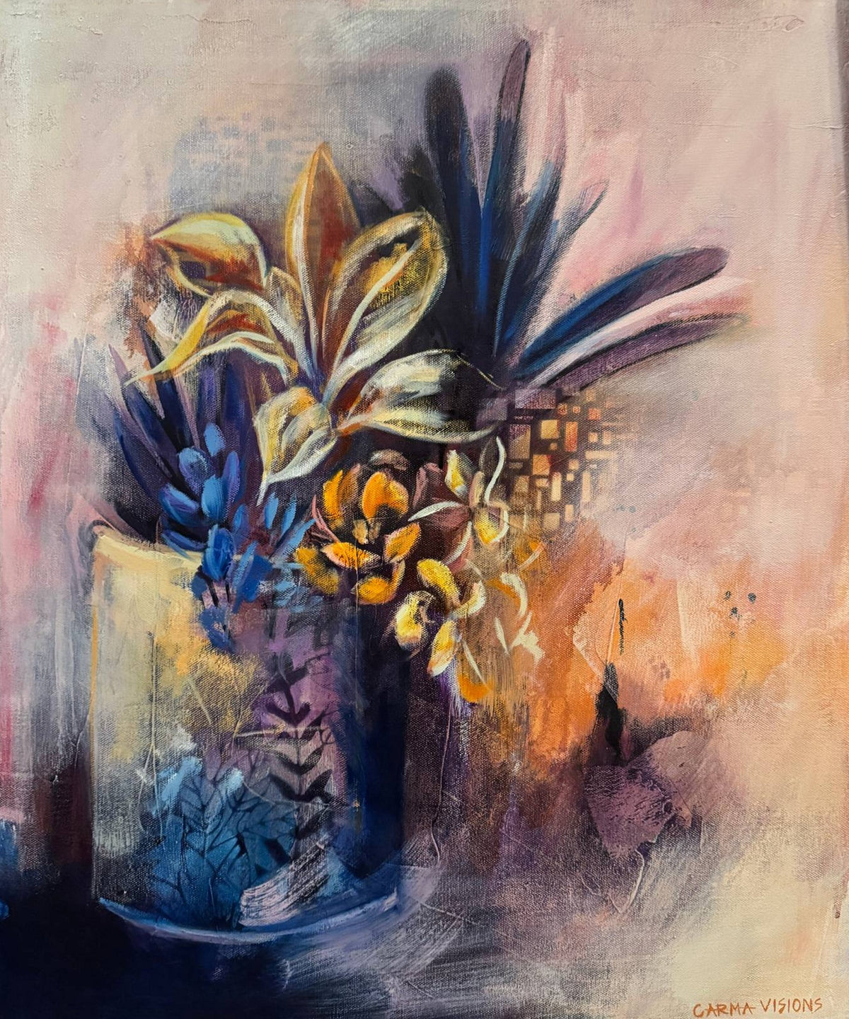 The Violet Hour, original oil painting of a tropical bouquet in violet and gold by Carma Visions