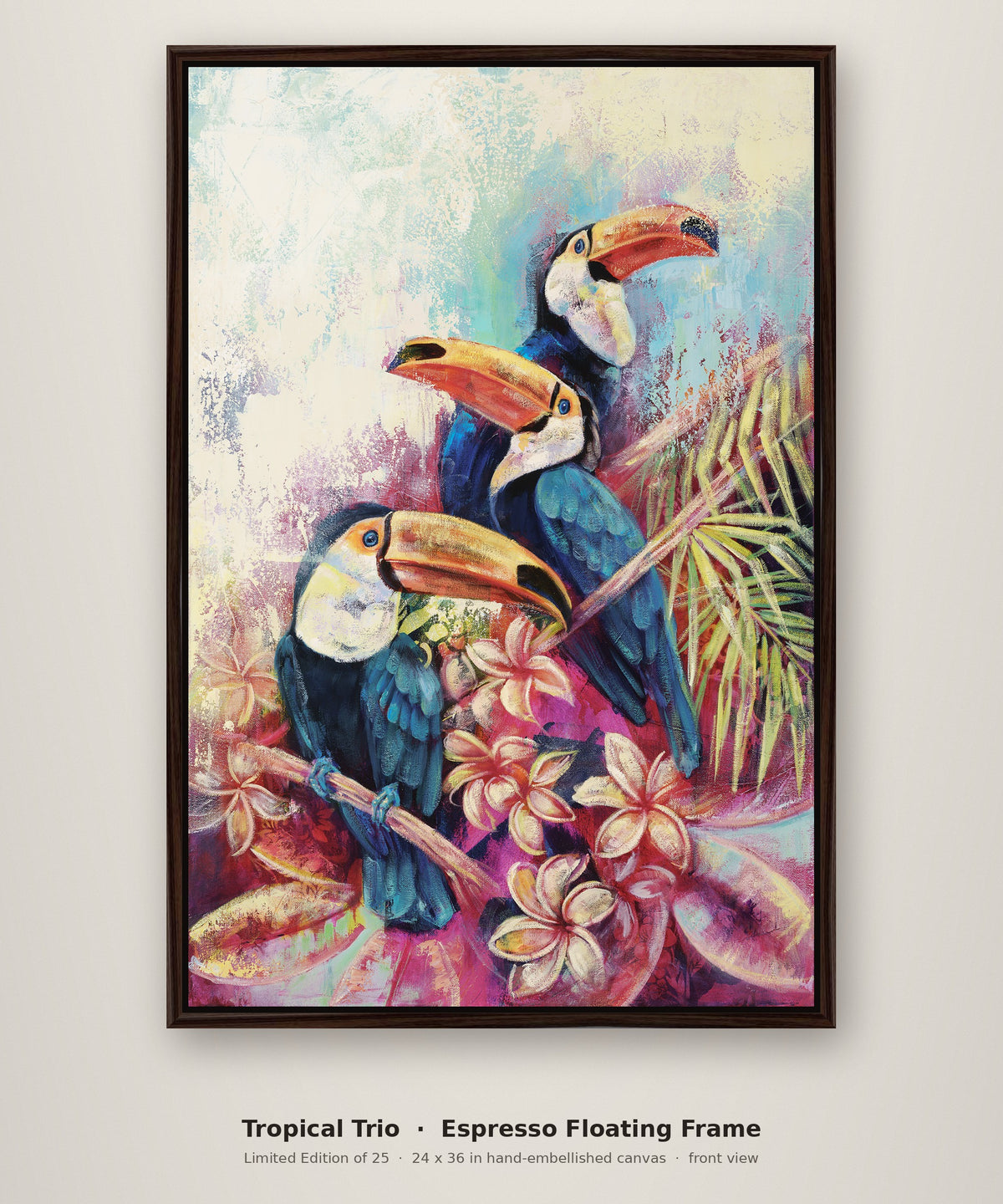 Tropical Trio Limited Edition in an espresso floating frame, front view