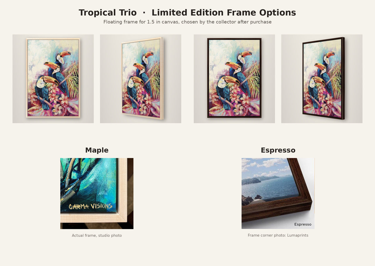 Tropical Trio Limited Edition frame options: maple or espresso floating frame