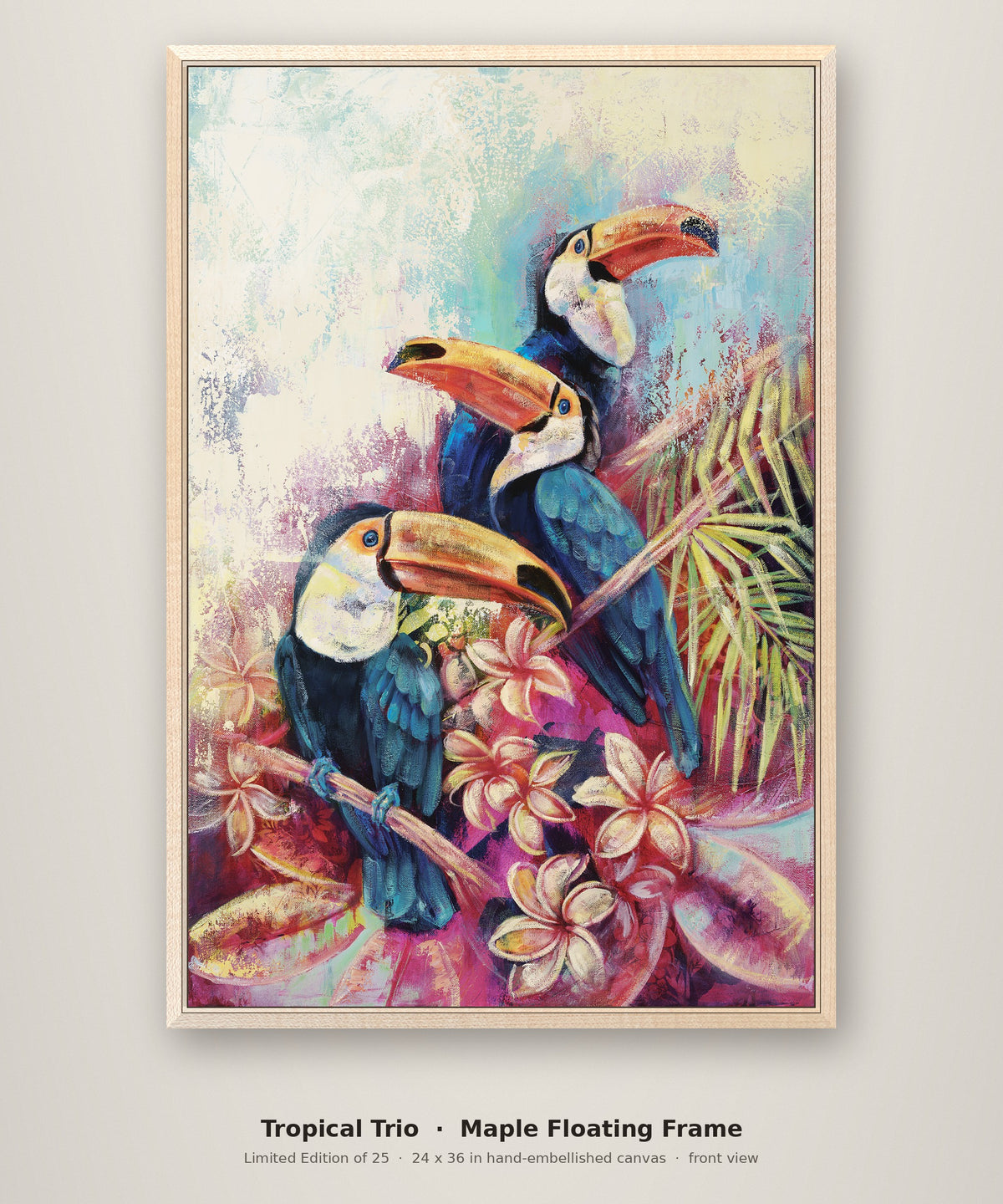 Tropical Trio Limited Edition in a maple floating frame, front view