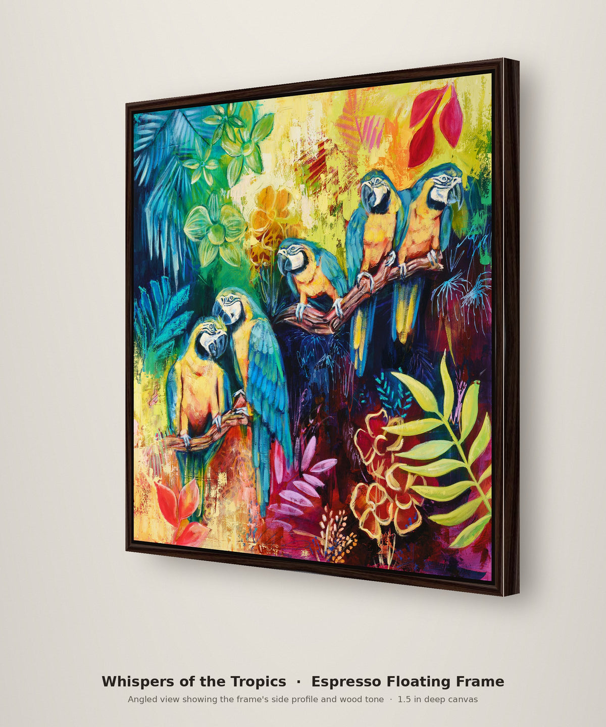 Whispers of the Tropics Limited Edition in an espresso floating frame, angled view showing the frame depth