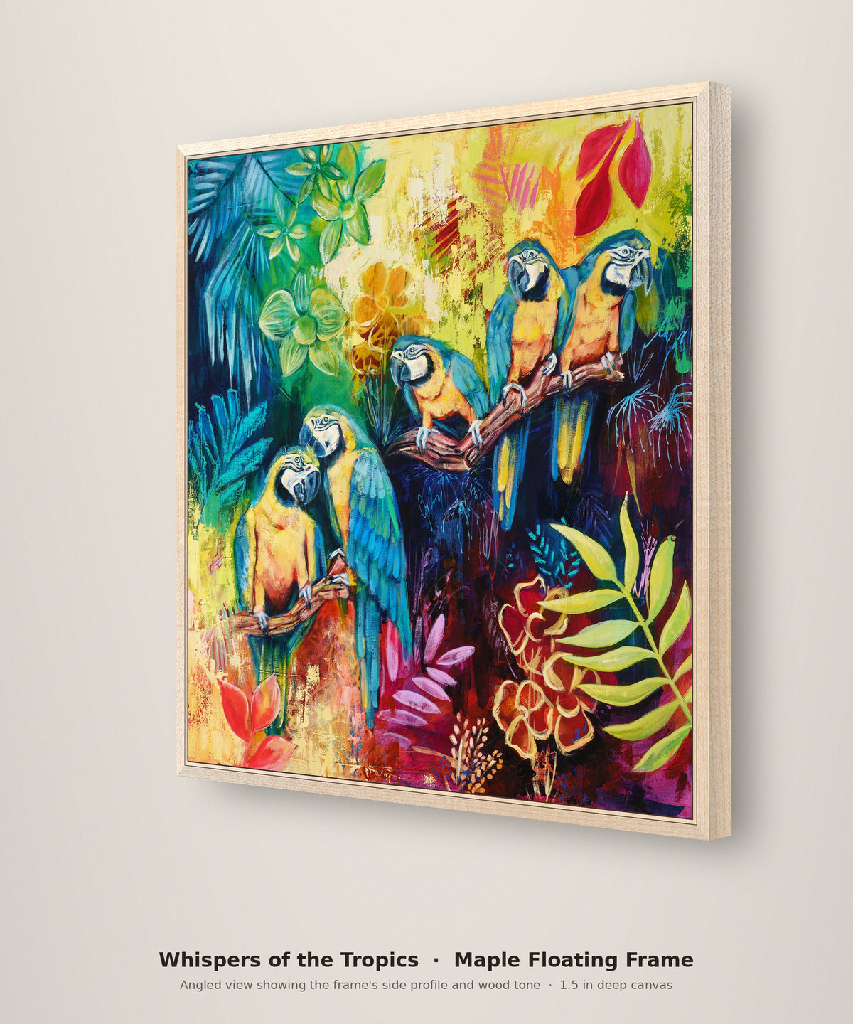 Whispers of the Tropics Limited Edition in a maple floating frame, angled view showing the frame depth