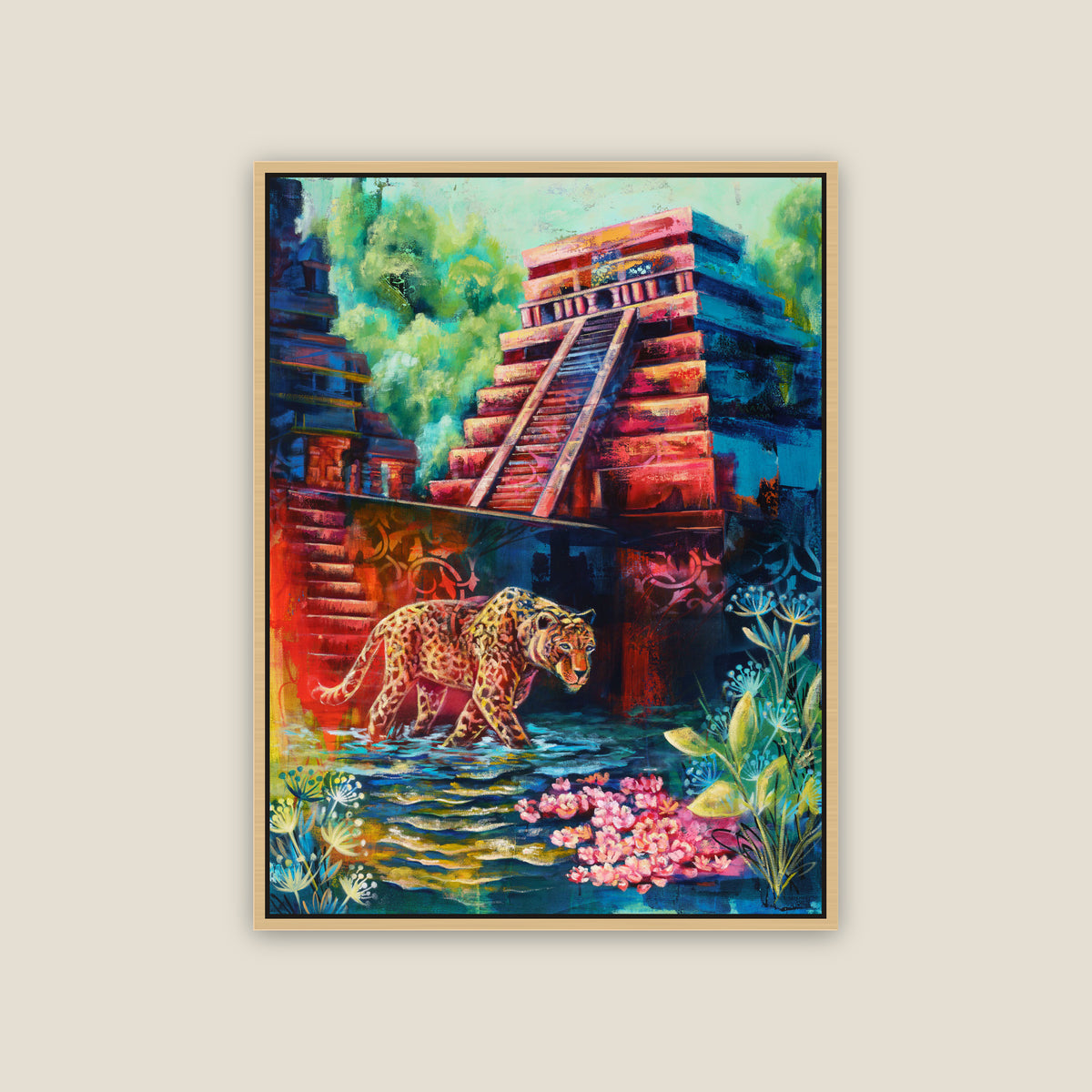 The Sacred Watcher limited edition canvas by Carma Visions, in a natural maple floating frame