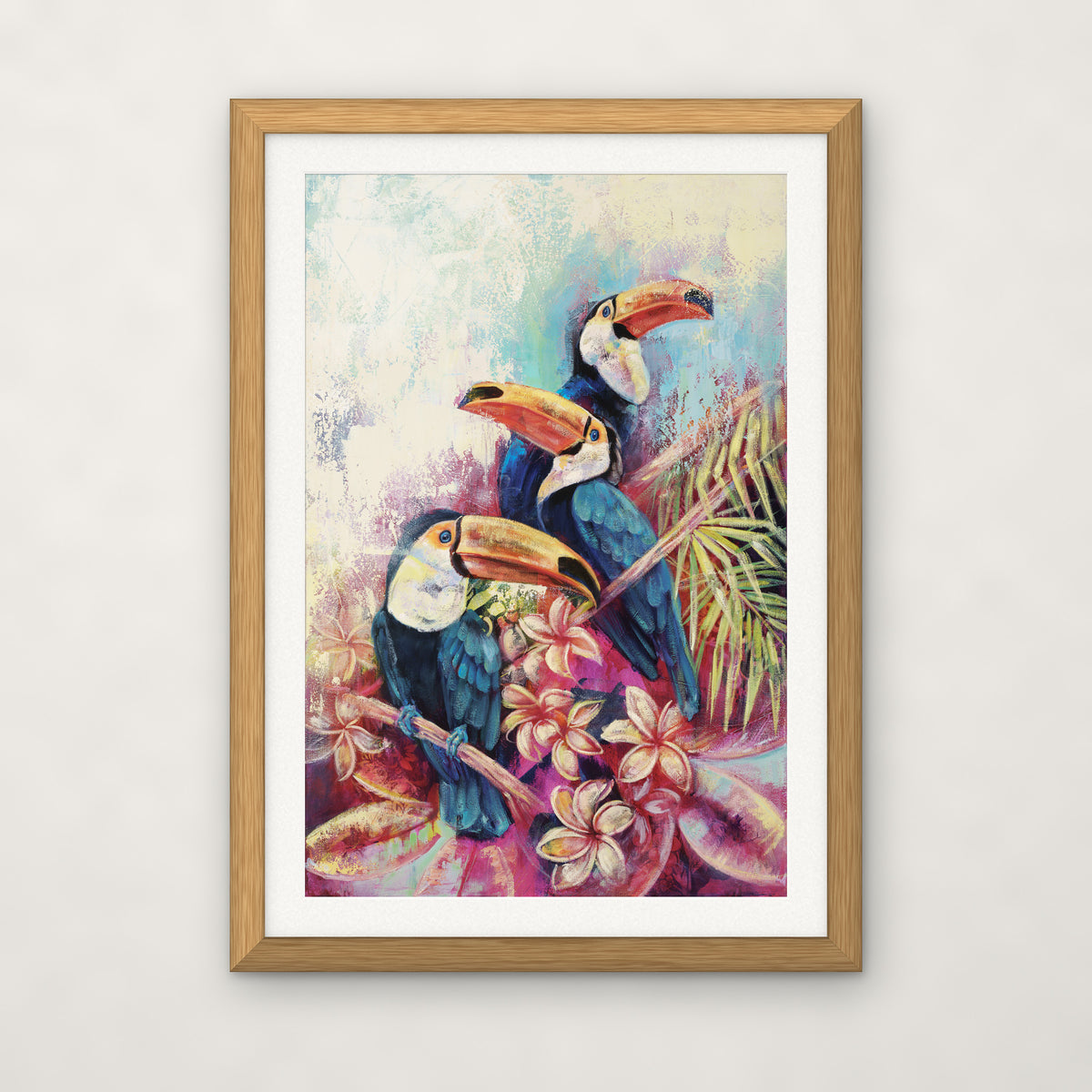 Tropical Trio open edition print by Carma Visions, in a natural oak frame with a 1 inch white mat