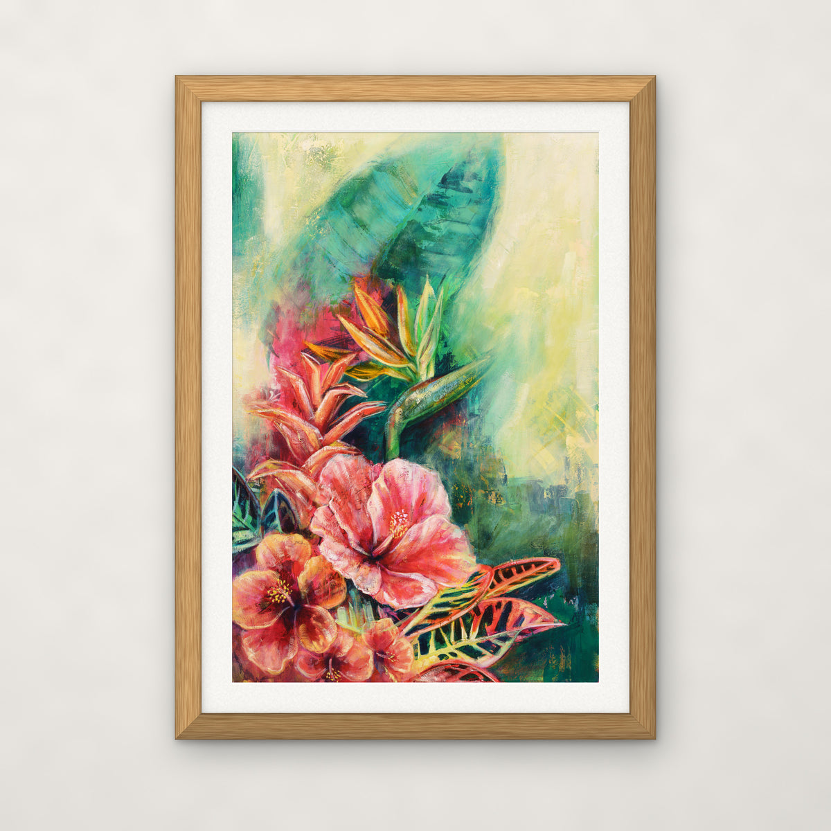 Belizean Bloom open edition print by Carma Visions, in a natural oak frame with a 1 inch white mat