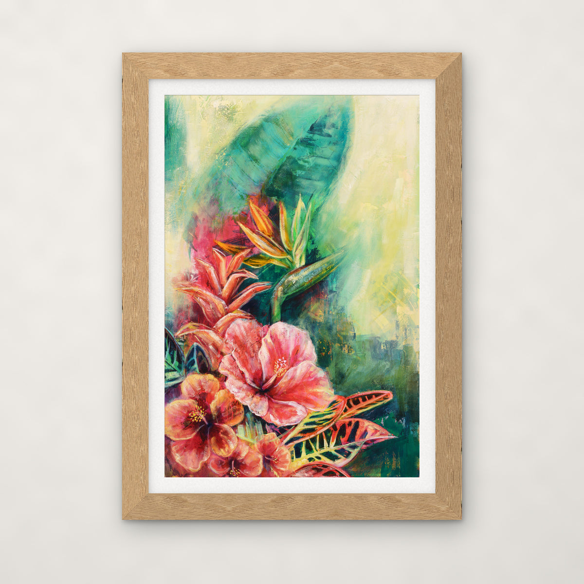 Belizean Bloom open edition print by Carma Visions, in a natural oak frame with a white mat