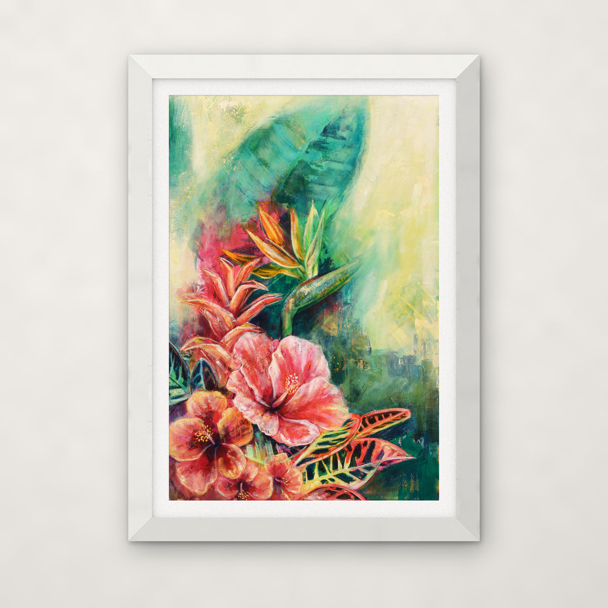 Belizean Bloom open edition print by Carma Visions, in a white frame with a white mat