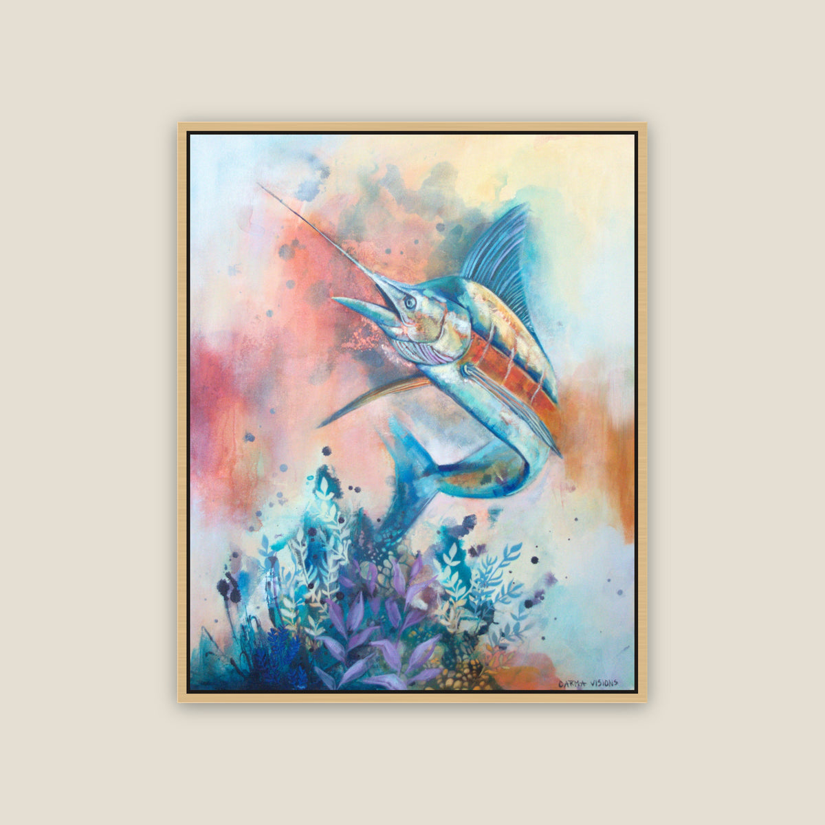 Chasing the Horizon limited edition canvas by Carma Visions, in a natural maple floating frame