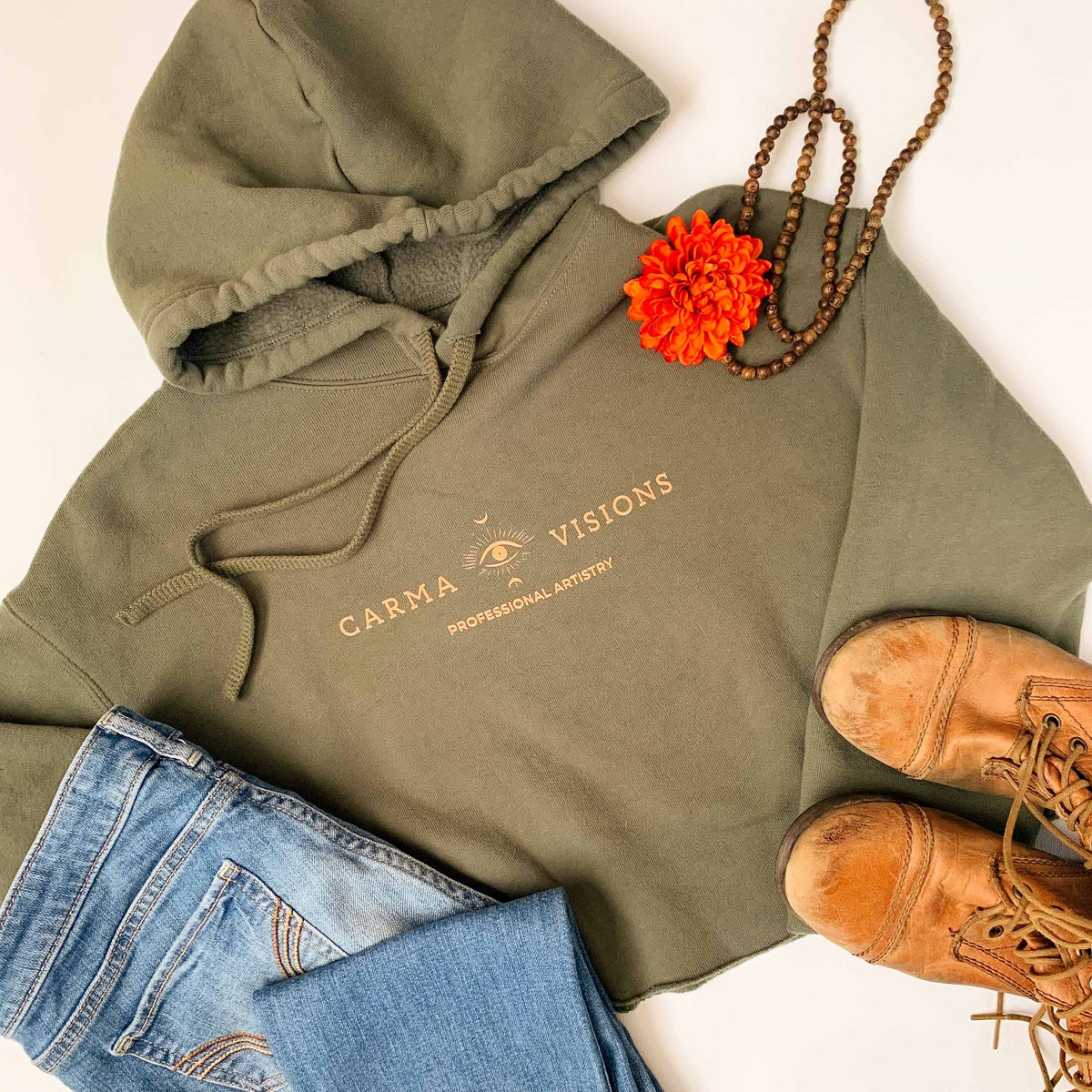 Carma Visions crop hoodie in military green, full outfit flat lay