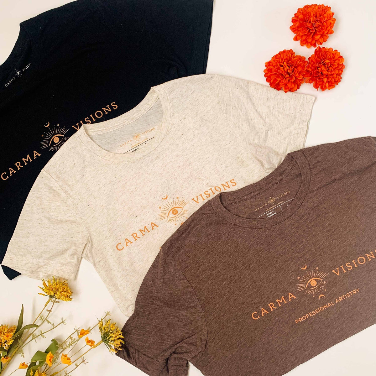 Carma Visions tri-blend t-shirts in black, oatmeal, and brown
