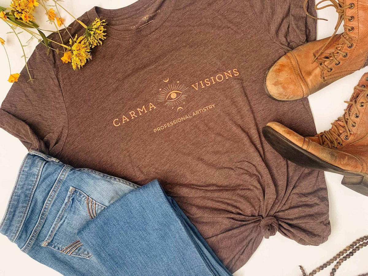 Carma Visions t-shirt in brown triblend styled with jeans and boots