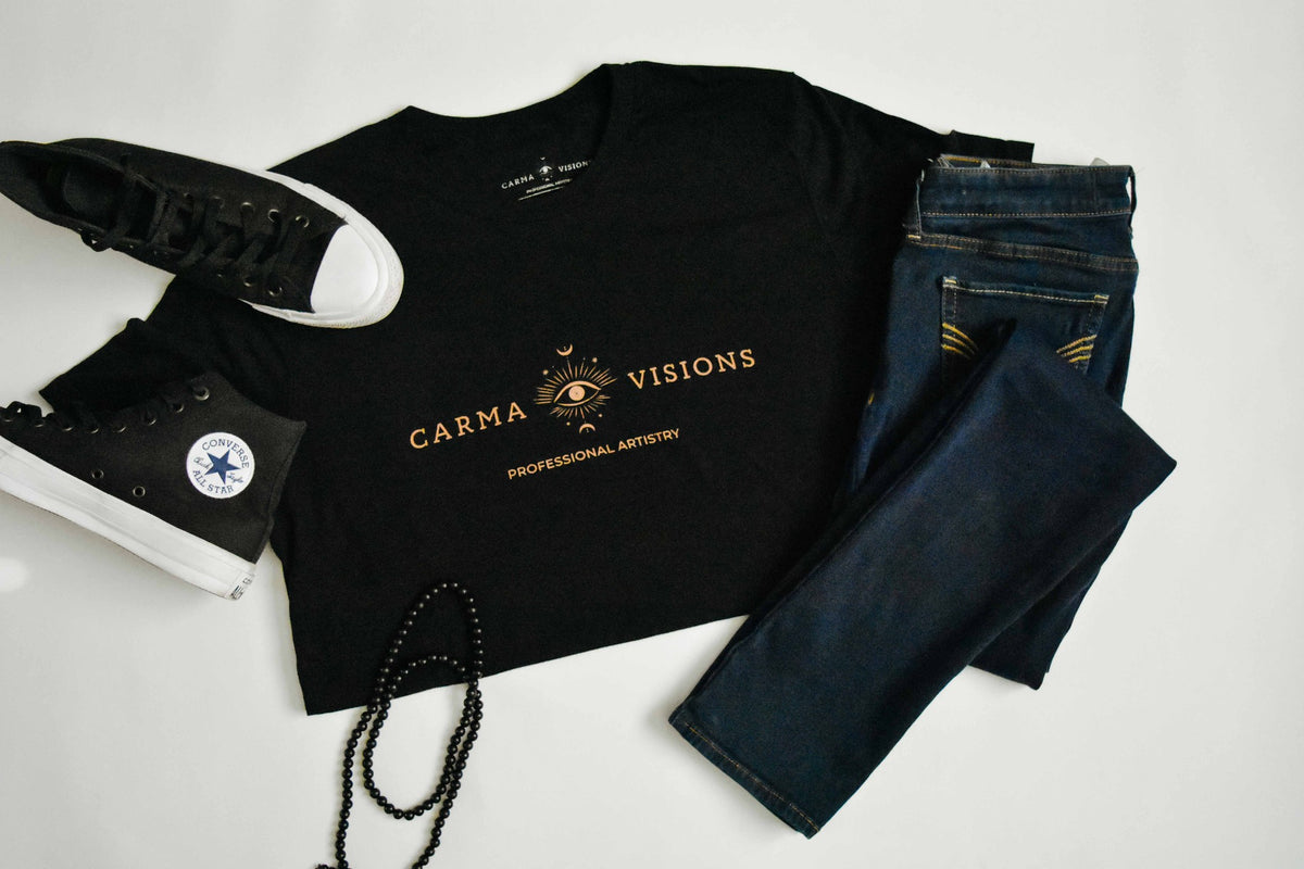 Carma Visions t-shirt in solid black triblend styled with jeans and sneakers