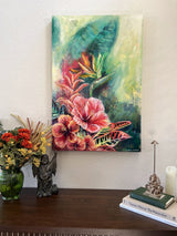 Belizean Bloom, original oil painting by Carma Visions, styled on a console