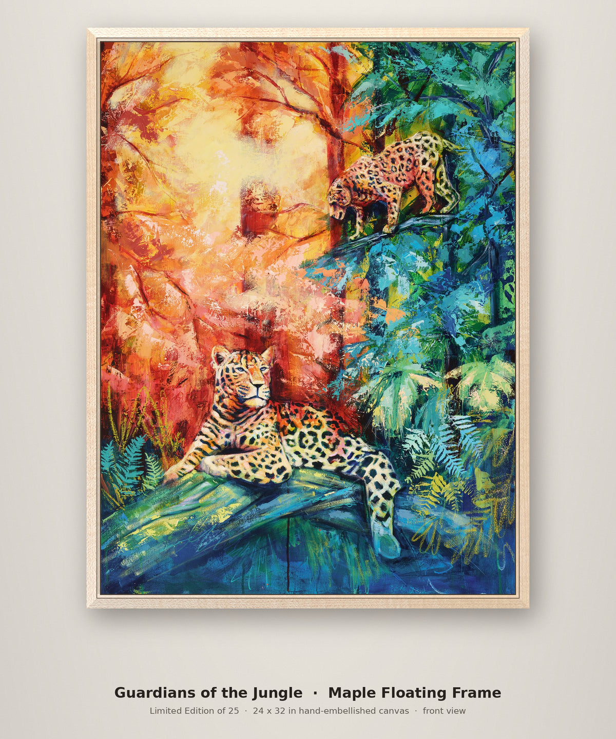 Guardians of the Jungle Limited Edition in a maple floating frame, front view