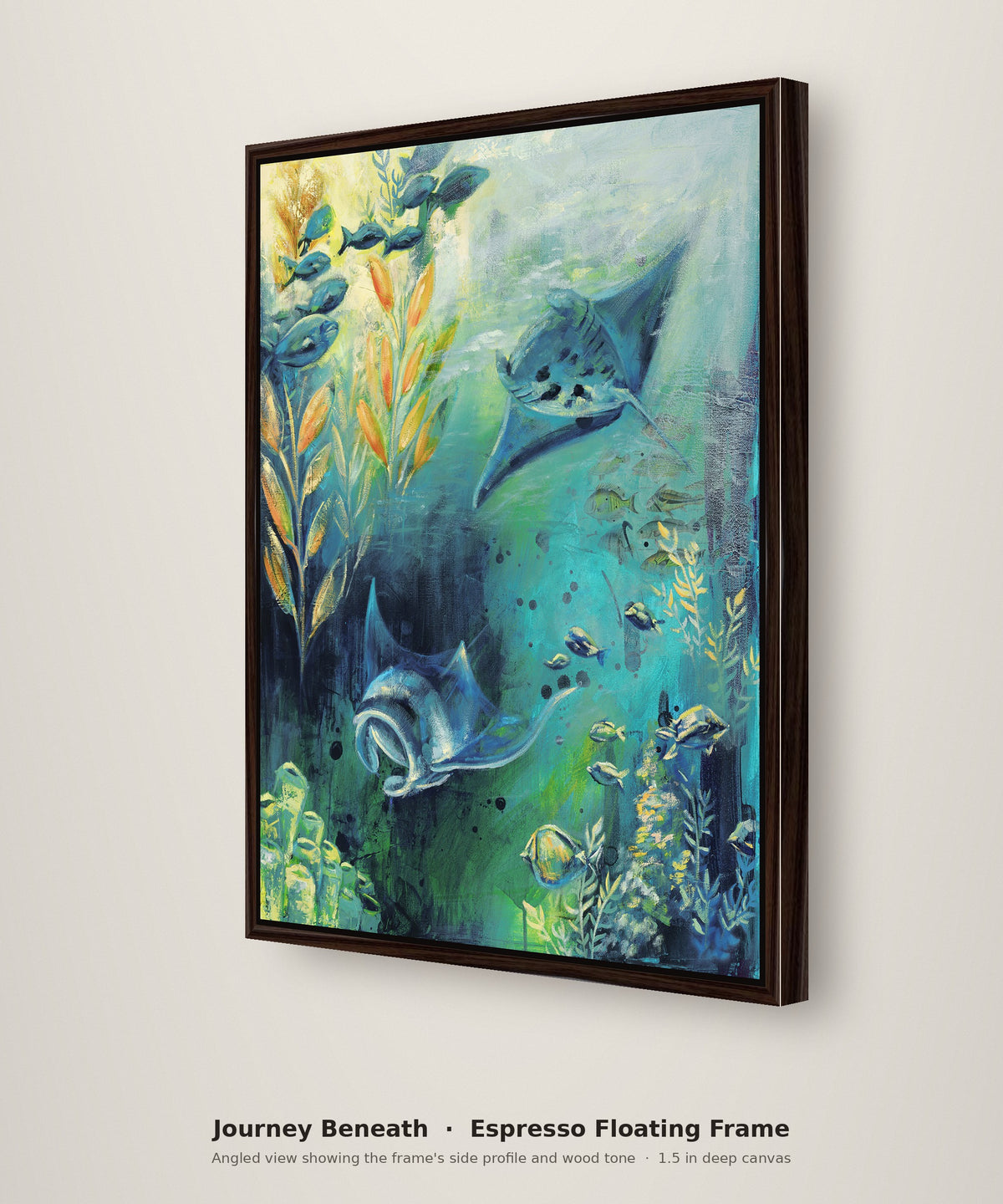 Journey Beneath Limited Edition in an espresso floating frame, angled view showing the frame depth