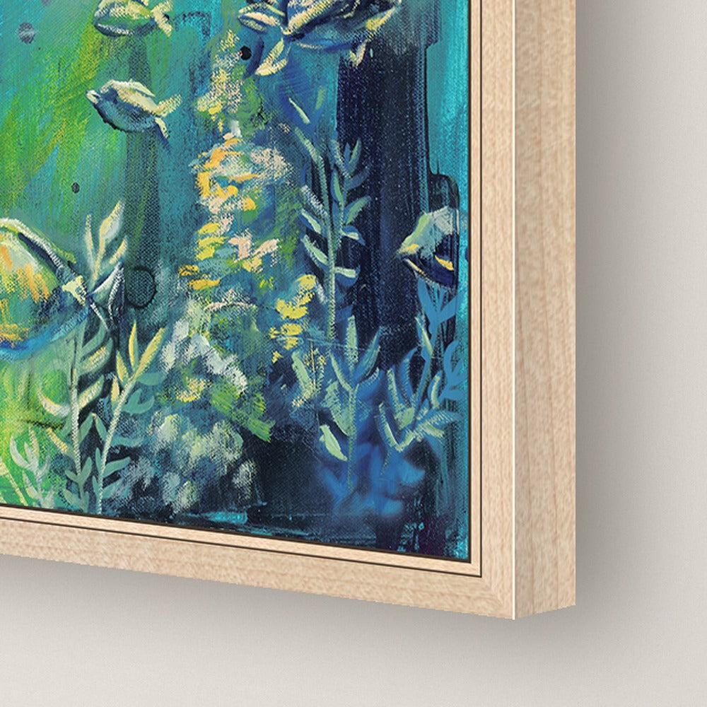 Journey Beneath Limited Edition, close-up of the maple floating frame edge