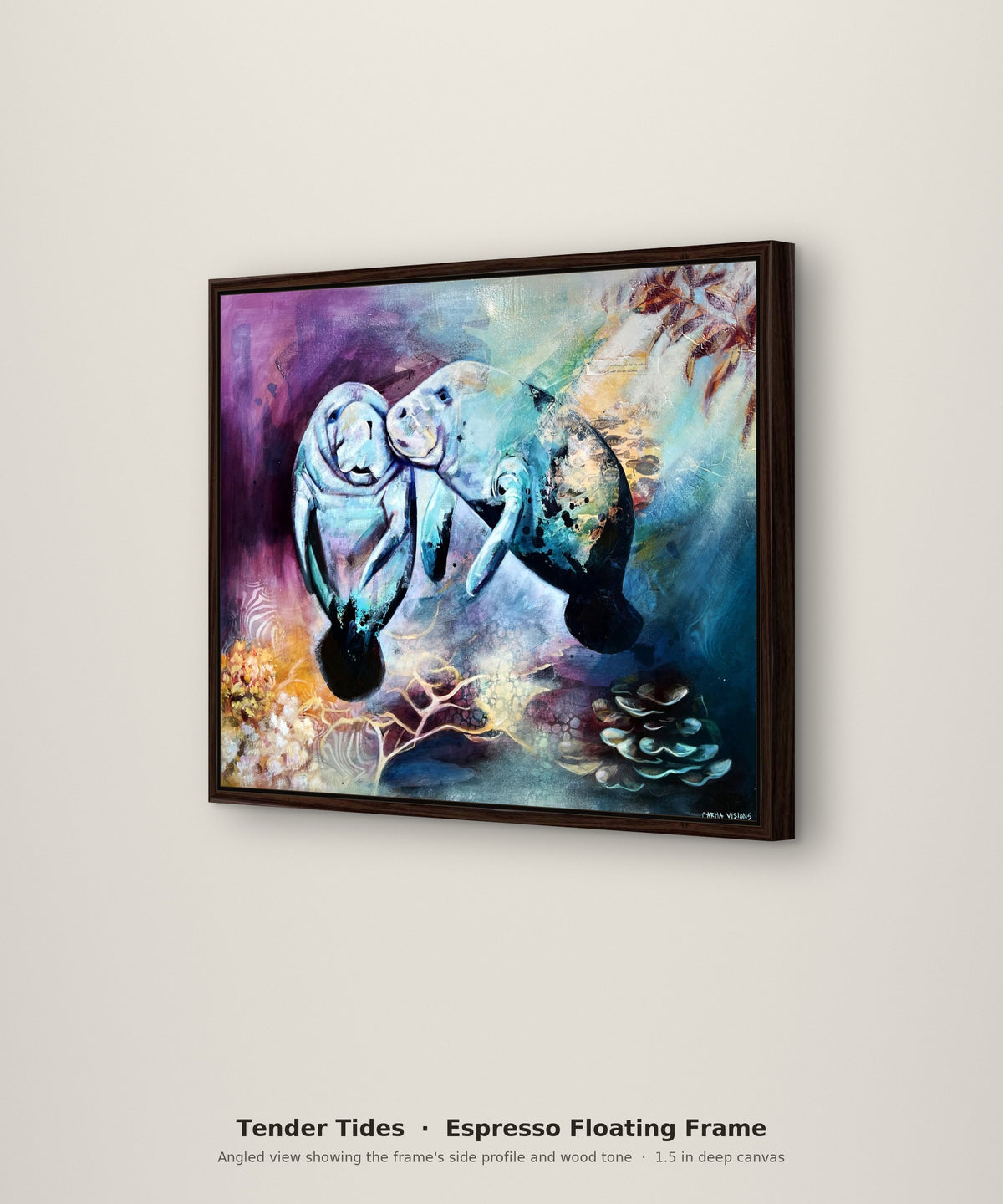 Tender Tides Limited Edition in an espresso floating frame, angled view showing the frame depth