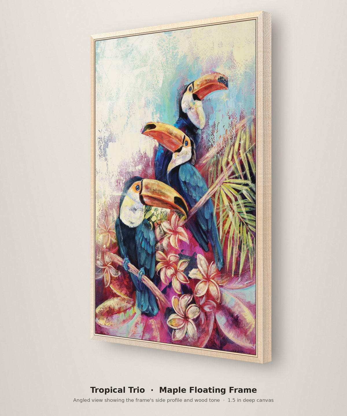 Tropical Trio Limited Edition in a maple floating frame, angled view showing the frame depth